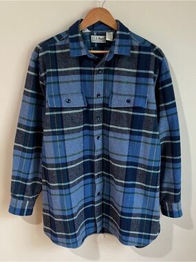 Vintage 90s LL Bean Chamois Cloth Flannel Shirt Mens L Tall Plaid White Blue